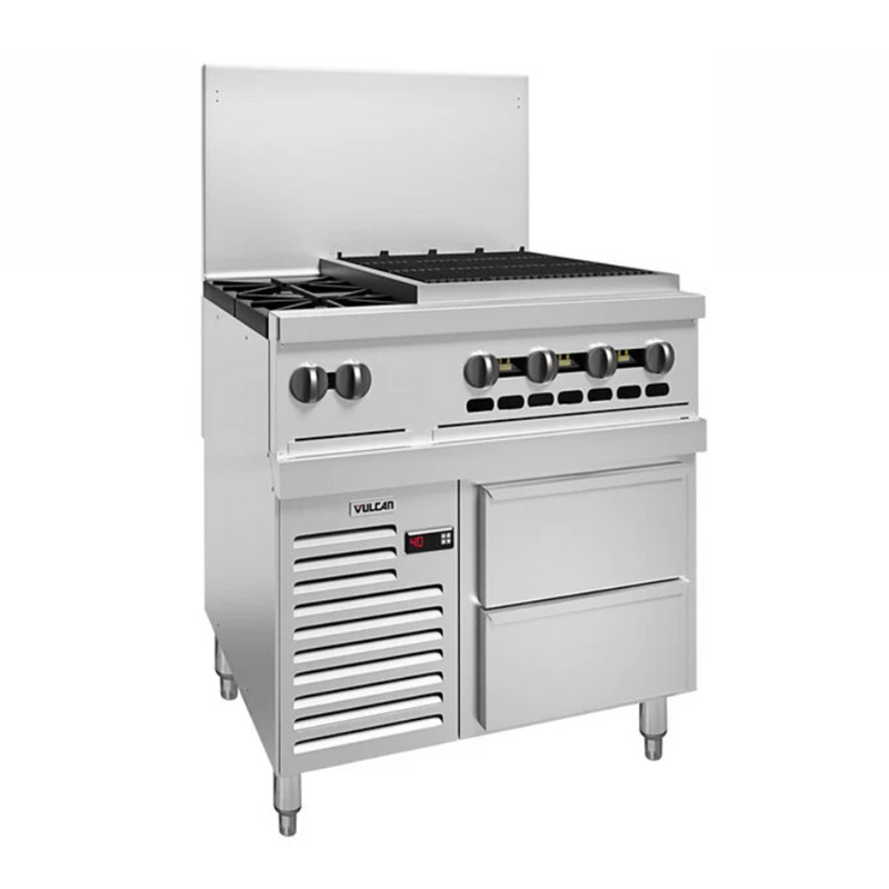 Vulcan Endurance 2 Burner 36" Natural Gas Range with 24" Charbroiler and Refrigerated Base 36R-2B24CB