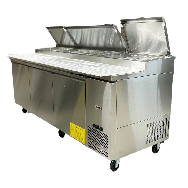 92" CHEF Three Solid Door Pizza Prep Table TPP-94